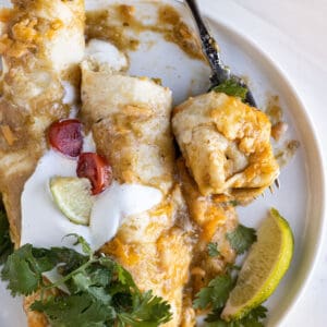 Overhead view of enchiladas on a plate with a fork taking a bite out.