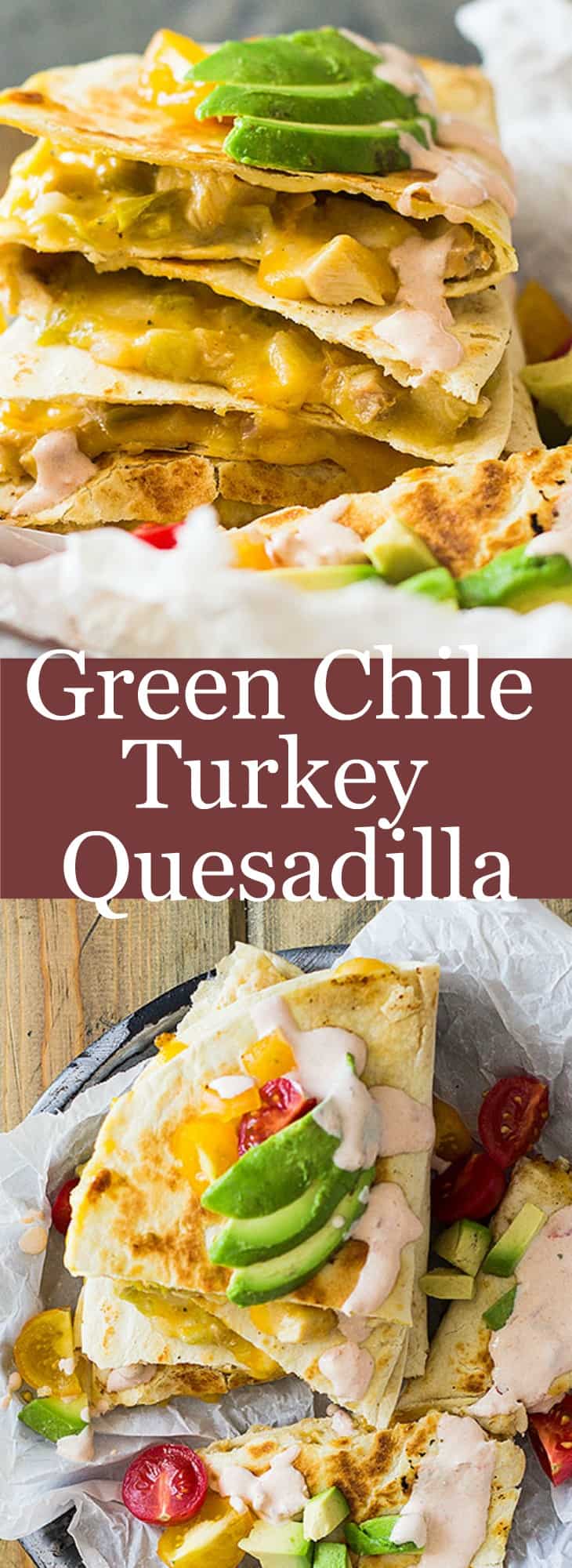 Use leftover turkey (or chicken) to make these Green Chile Turkey Quesadillas. Filled with gooey cheese, zesty green chilies and toasted in a crispy tortilla! | www.countrysidecravings.com