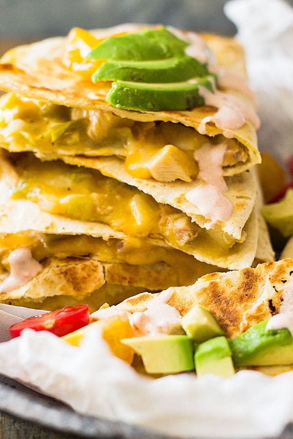 Use leftover turkey (or chicken) to make these Green Chile Turkey Quesadillas. Filled with gooey cheese, zesty green chilies and toasted in a crispy tortilla! | www.countrysidecravings.com