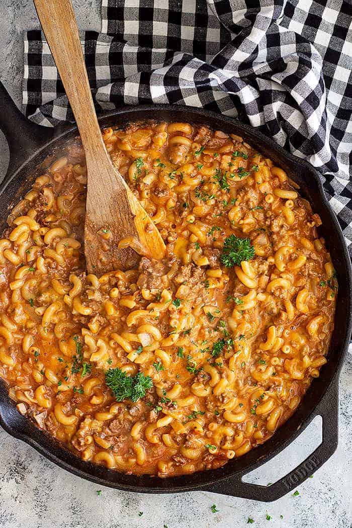 top down view of hamburger helper homemade in a cast iron skillet