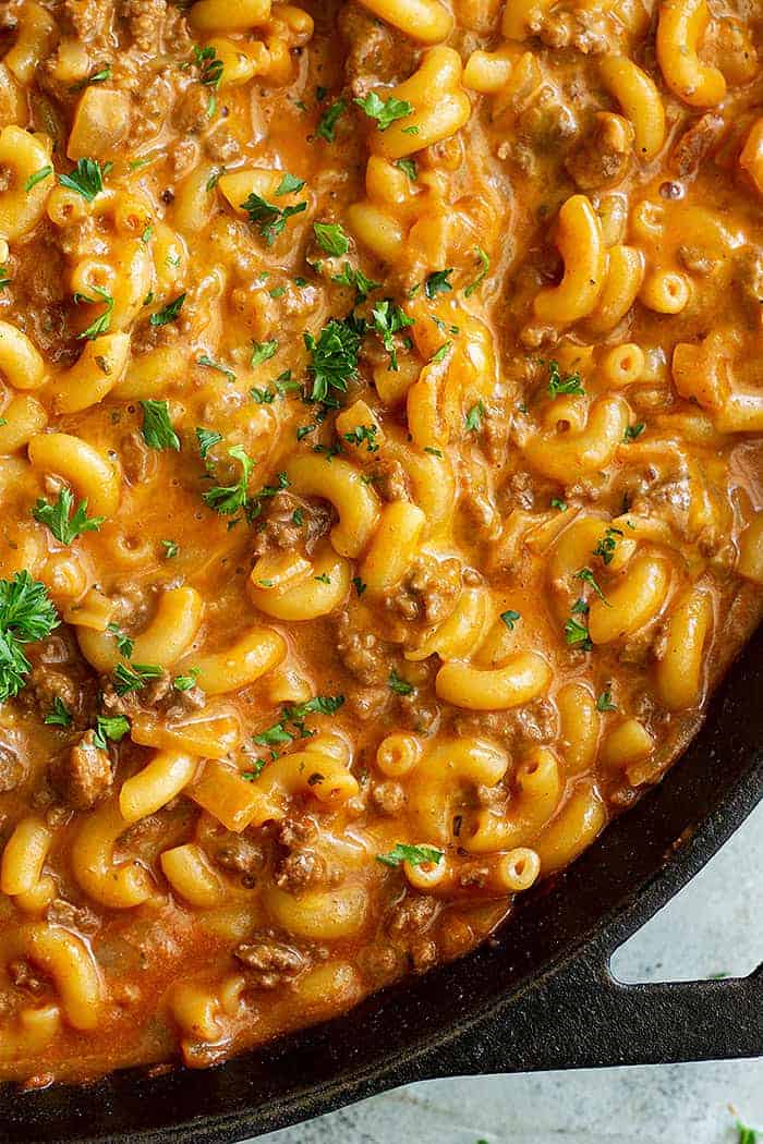 close up of homemade hamburger helper in a skillet