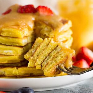 A bite of high protein cottage cheese pancakes on a fork.