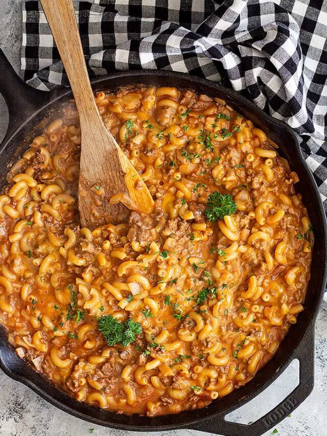 Top down view of Homemade Hamburger Helper in a cast iron skillet.