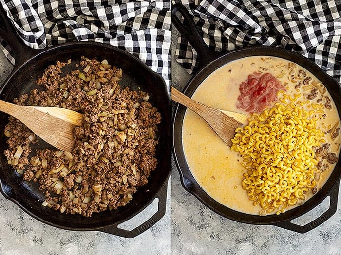 making homemade hamburger helper recipe. Pictures of browned ground beef and adding in the pasta