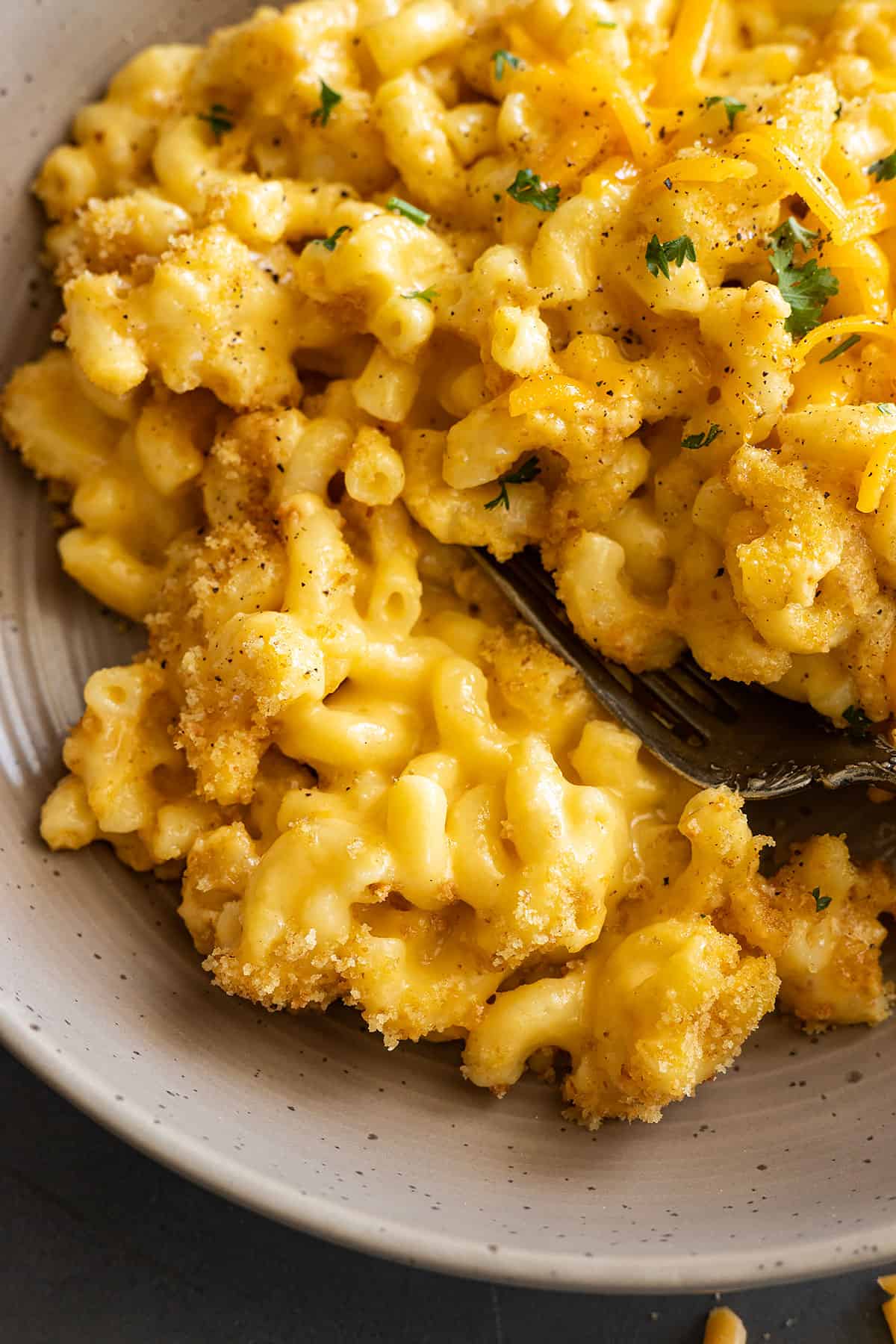 Close up of mac and cheese in a bowl with a fork in it. 