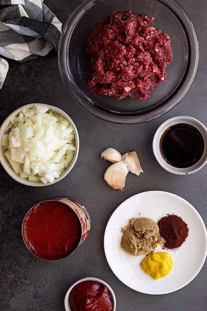 overhead: ingredients needed for this homemade sloppy joes recipe
