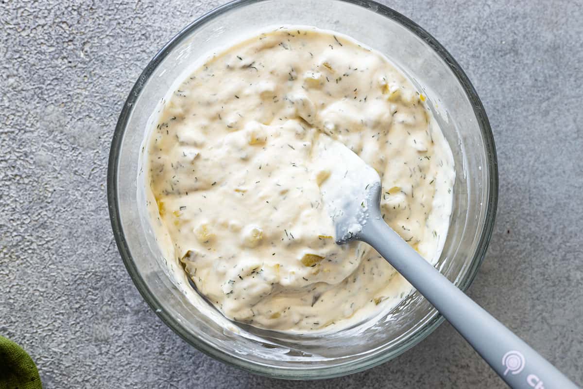 Overhead view of ingredients all combined in a bowl. 