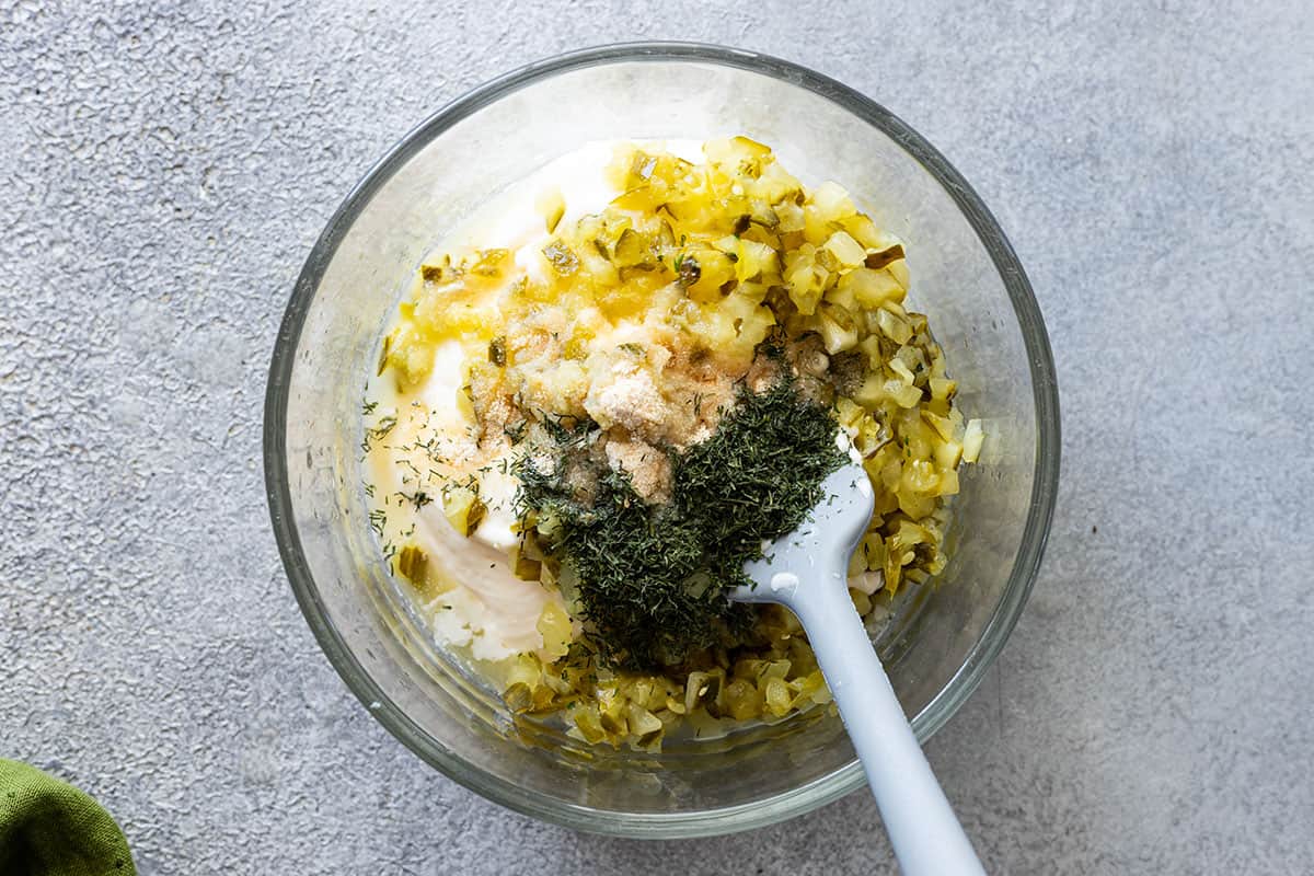Overhead view of all ingredients in a bowl ready to be mixed. 