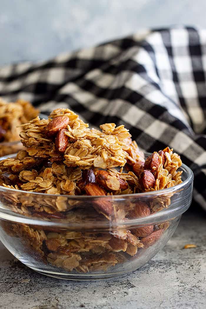 Clusters of granola in a bowl. 