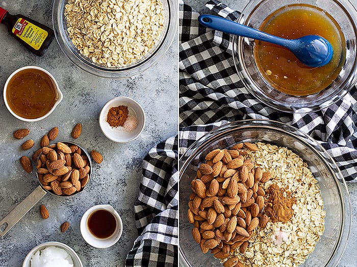A picture of granola ingredients and granola being mixed in a bowl. 