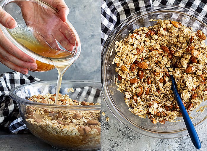 Pictures showing granola being mixed with the honey mixture. 