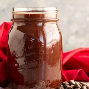 A jar of homemade hot fudge sauce.