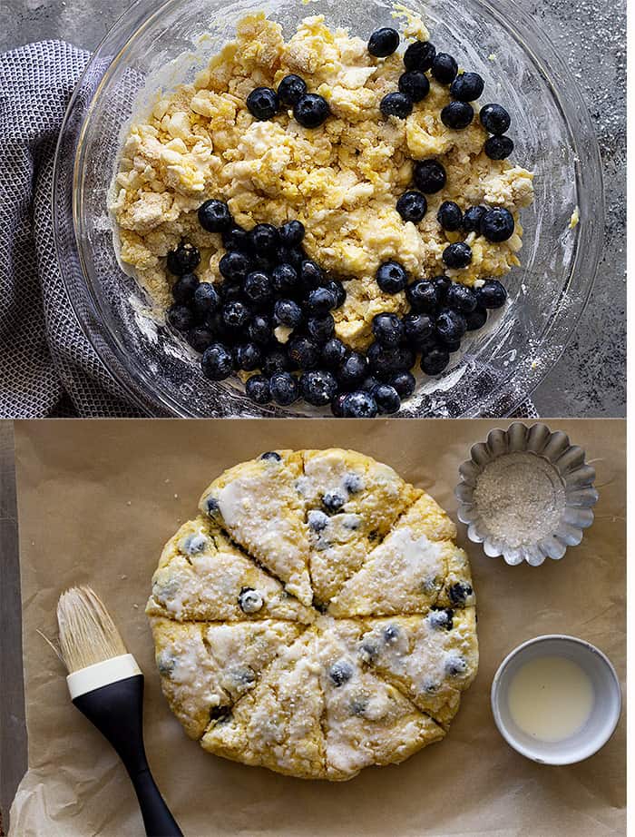Two pictures showing the blueberries being added to the scones then on a baking sheet cut and topped with sugar.