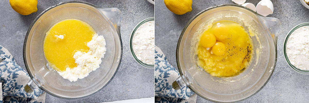 Adding in the melted butter, lemon juice, eggs, and vanilla.