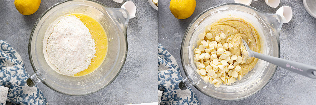 Two pictures showing to add in the flour and salt. Stir in the white chocolate chips. 