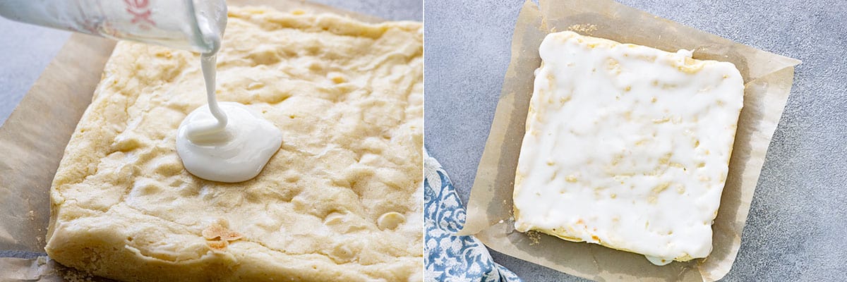 Two pictures: one showing glaze being drizzled on top and the other showing it all spread around. 