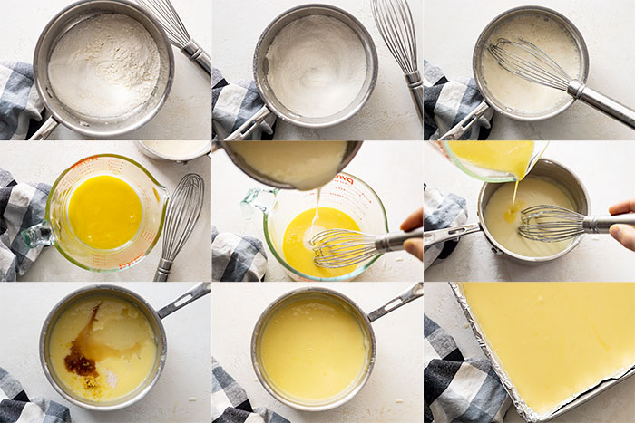 Nine pictures showing how to make the lemon pudding layer.