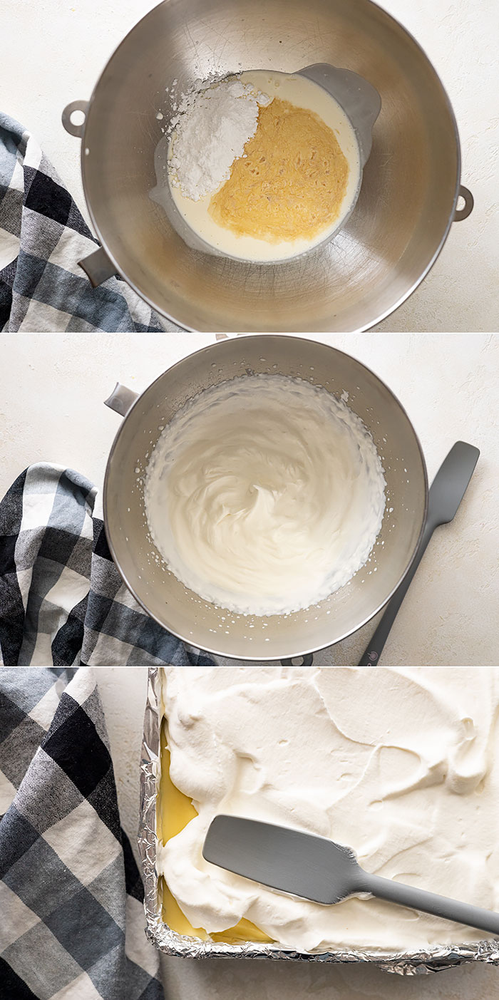 Three pictures showing how to make the whipped cream layer.