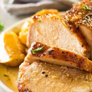 This Maple Pork Loin with Apples and Onions is an easy, delicious meal that tastes like a holiday meal! It's tender, juicy and full of flavor!