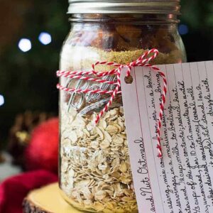 This Mason Jar Gift Fruit and Nut Oatmeal is a perfect Christmas gift! This oatmeal with dried fruit and nuts is a great way to start off the morning, with greek yogurt and fresh fruit on top!
