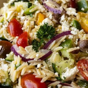 Close up of orzo pasta salad.