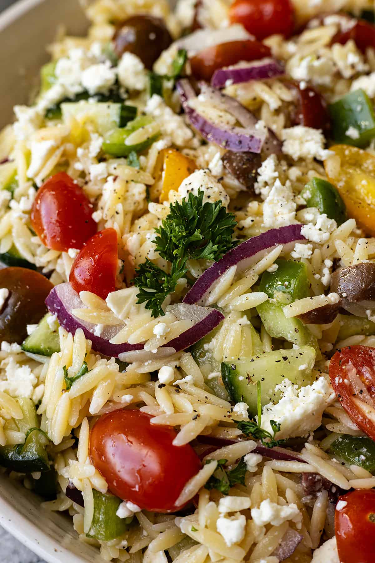 Close up of orzo pasta salad.