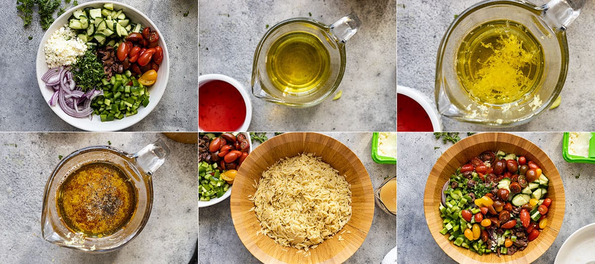 Six pictures showing how to make the salad. Prepping the veggies, making the dressing, and combining everything together. 
