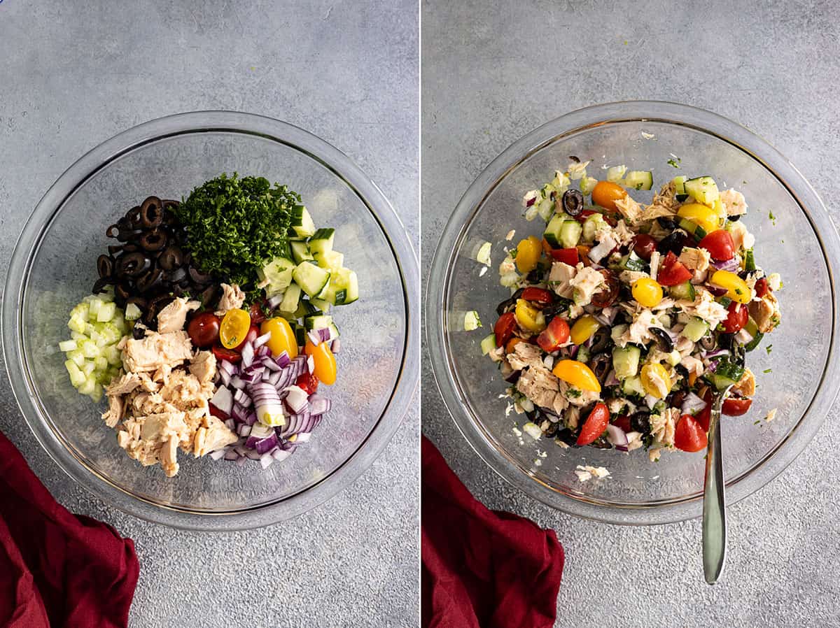 Two pictures showing how to make the salad.