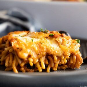 Close up of million dollar spaghetti on a plate.