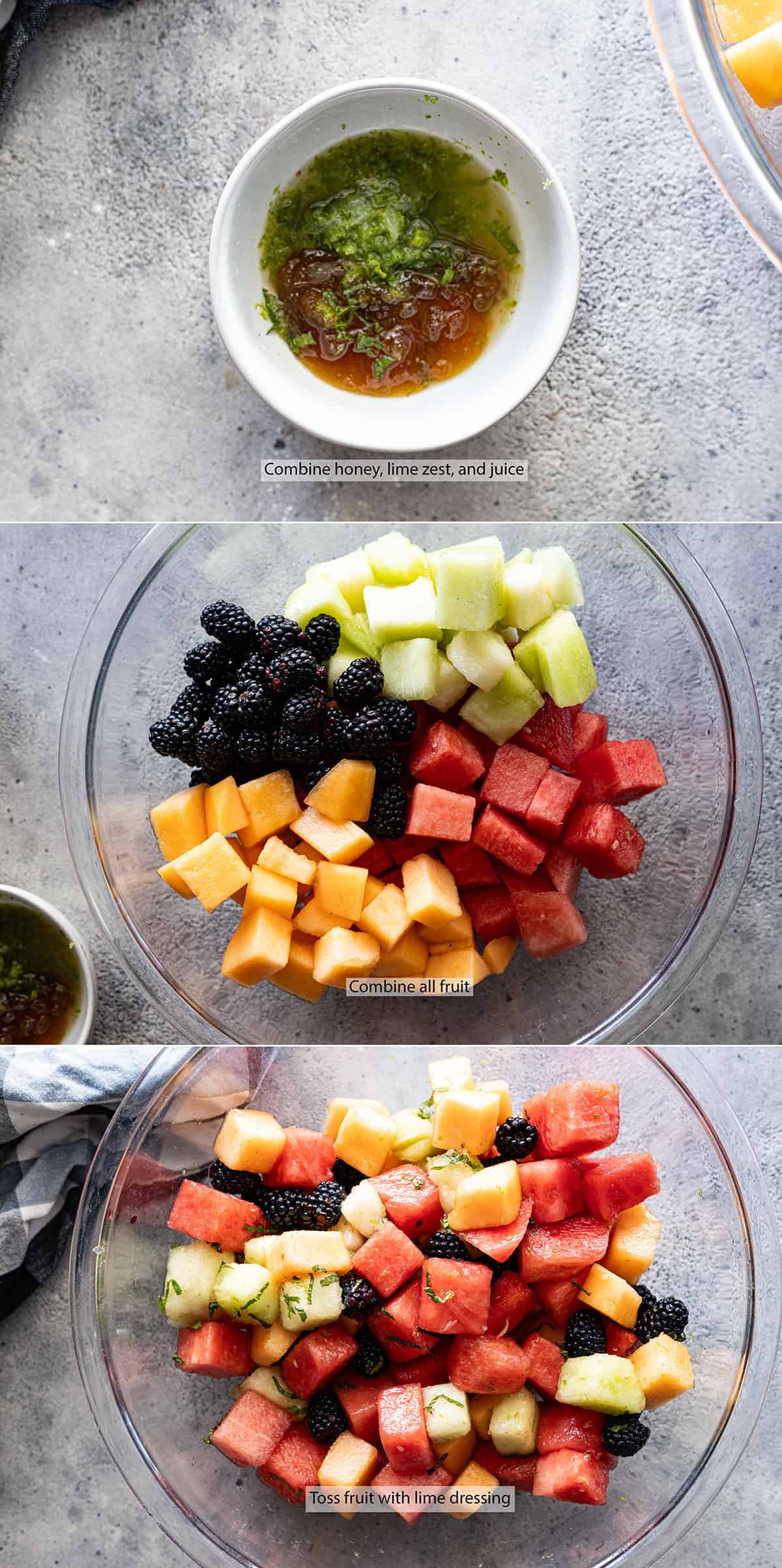 Three pictures showing how to make mojito fruit salad. 