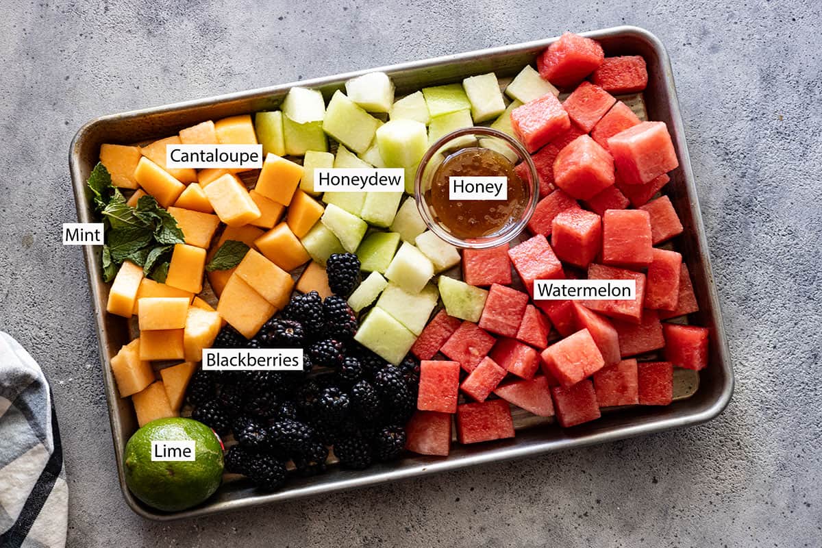 Ingredients: mint, lime, honey, cantaloupe, honeydew, watermelon, and blackberries. 