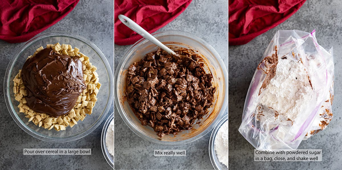 Three pictures showing how to coat the cereal in the chocolate mixture and then in powdered sugar.