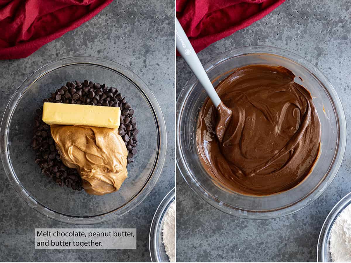Two pictures showing how to melt the chocolate peanut butter mixture. 