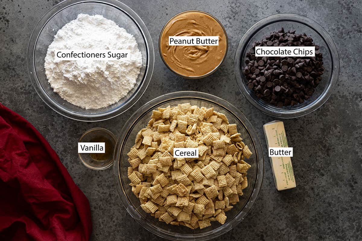 Ingredients: chocolate, peanut butter, butter, cereal, vanilla, and powdered sugar. 