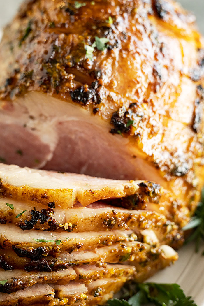 Close up shot of the ham sliced.