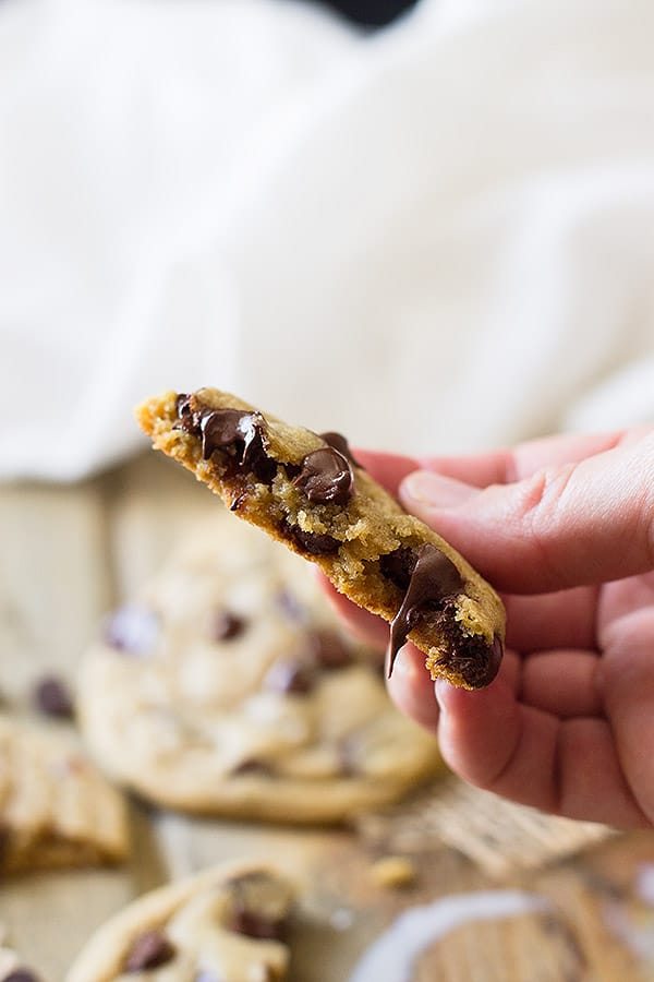 Close view of melted chocolate chips in cookie
