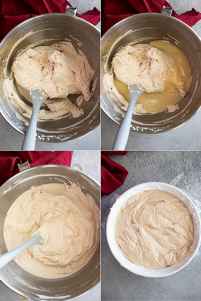Four pictures showing how to make the no churn ice cream.