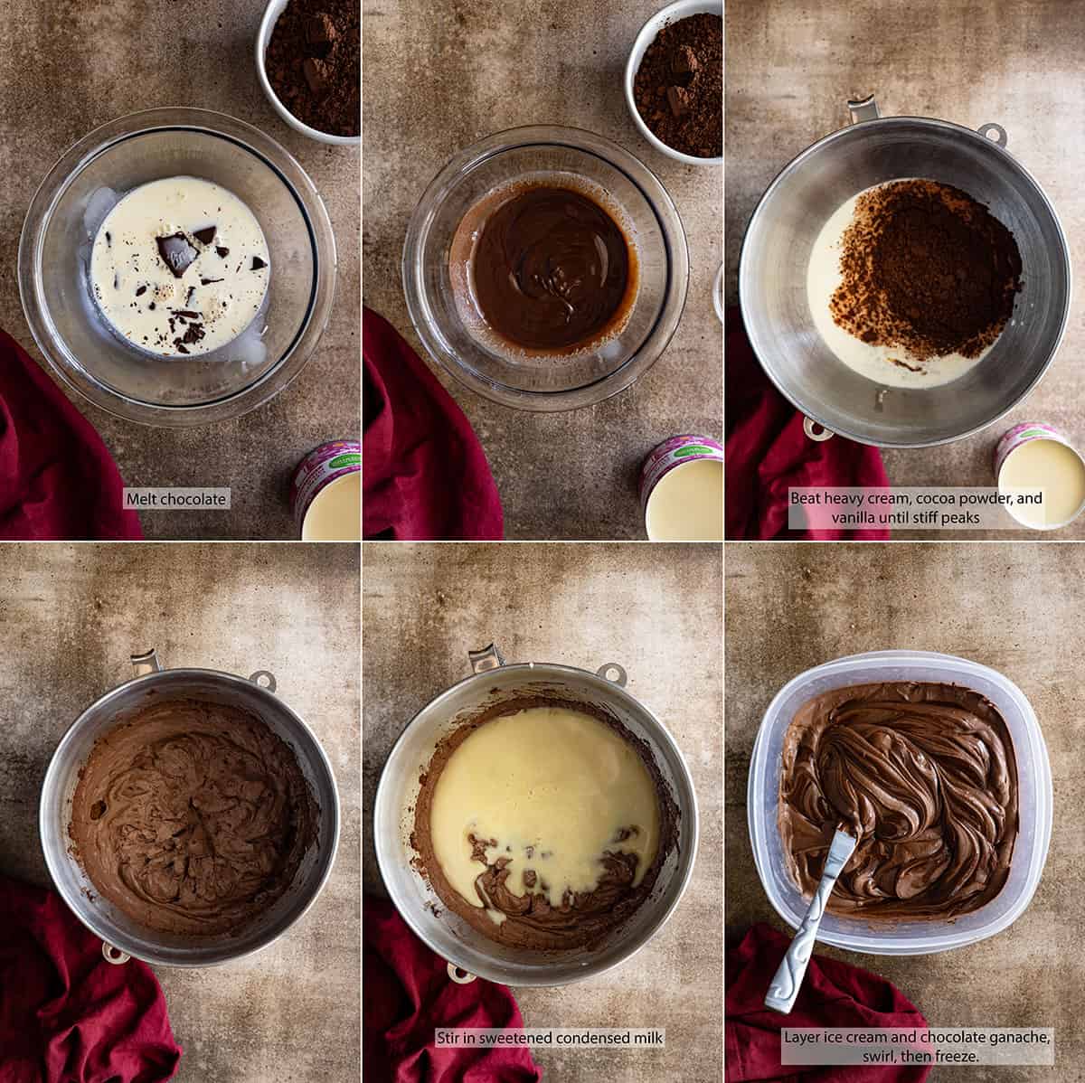 Six pictures showing how to make the ice cream. 