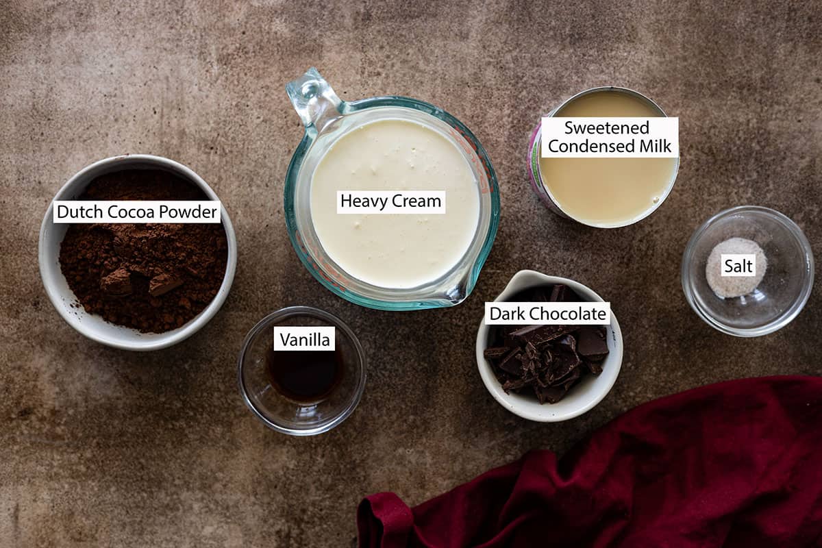 Ingredients: dark cocoa powder, heavy cream, sweetened condensed milk, vanilla, dark chocolate, and salt.