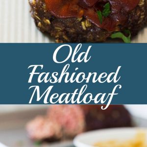 Whole meatloaf and sliced meatloaf on plate with text in between