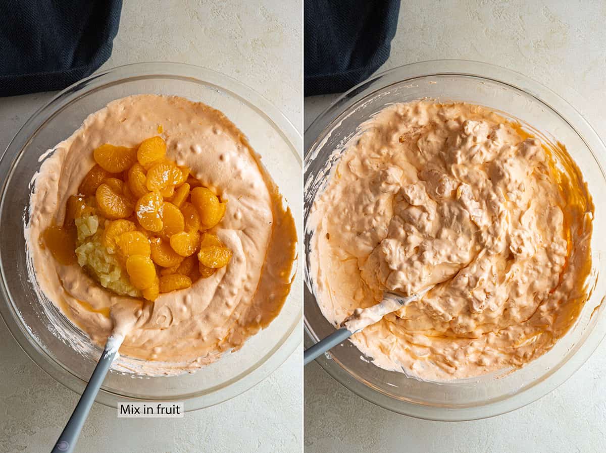 Two pictures showing mixing in the fruit then the final product.