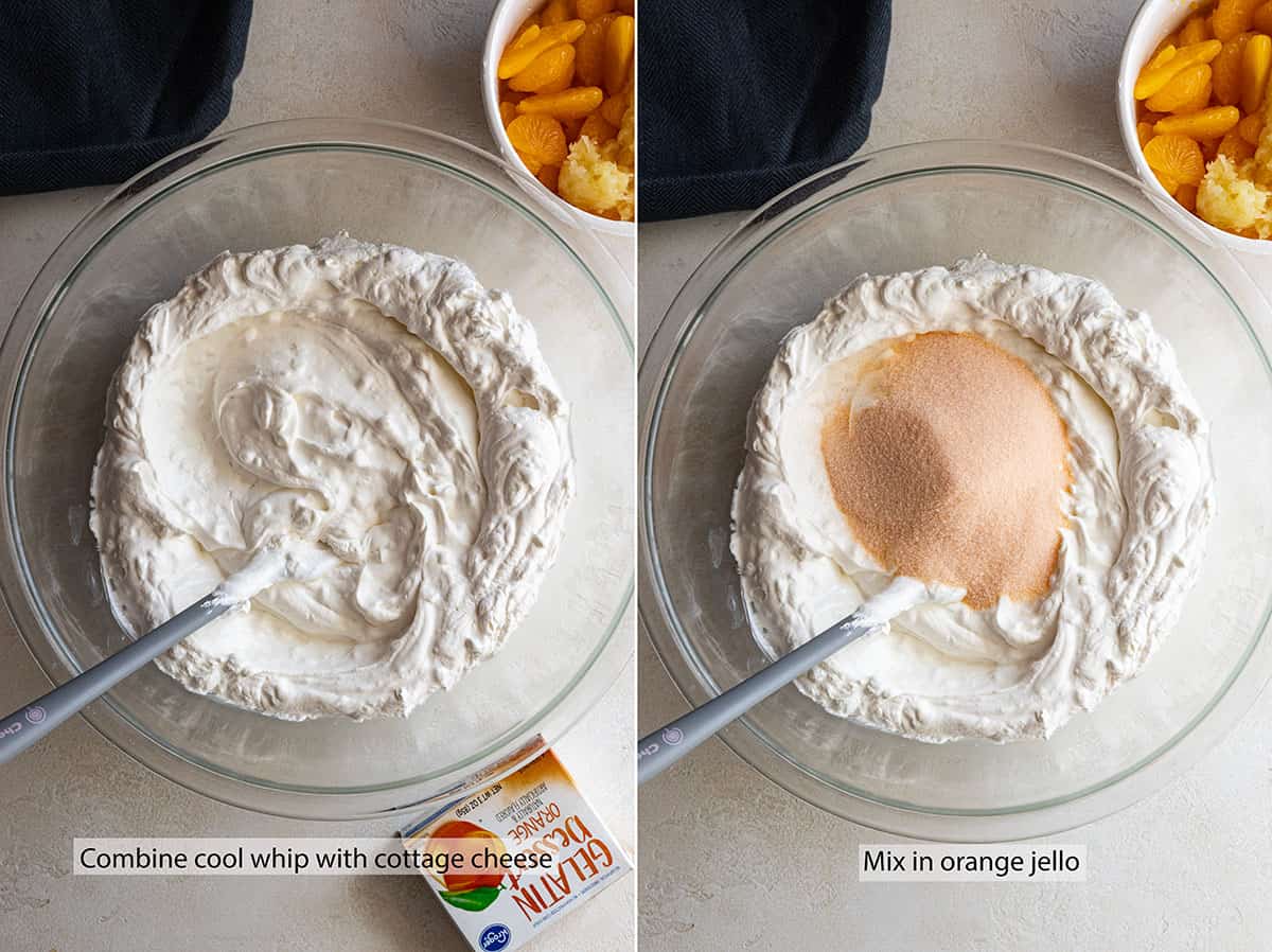 Two pictures showing how to mis the cool whip and cottage cheese then adding in the jello.
