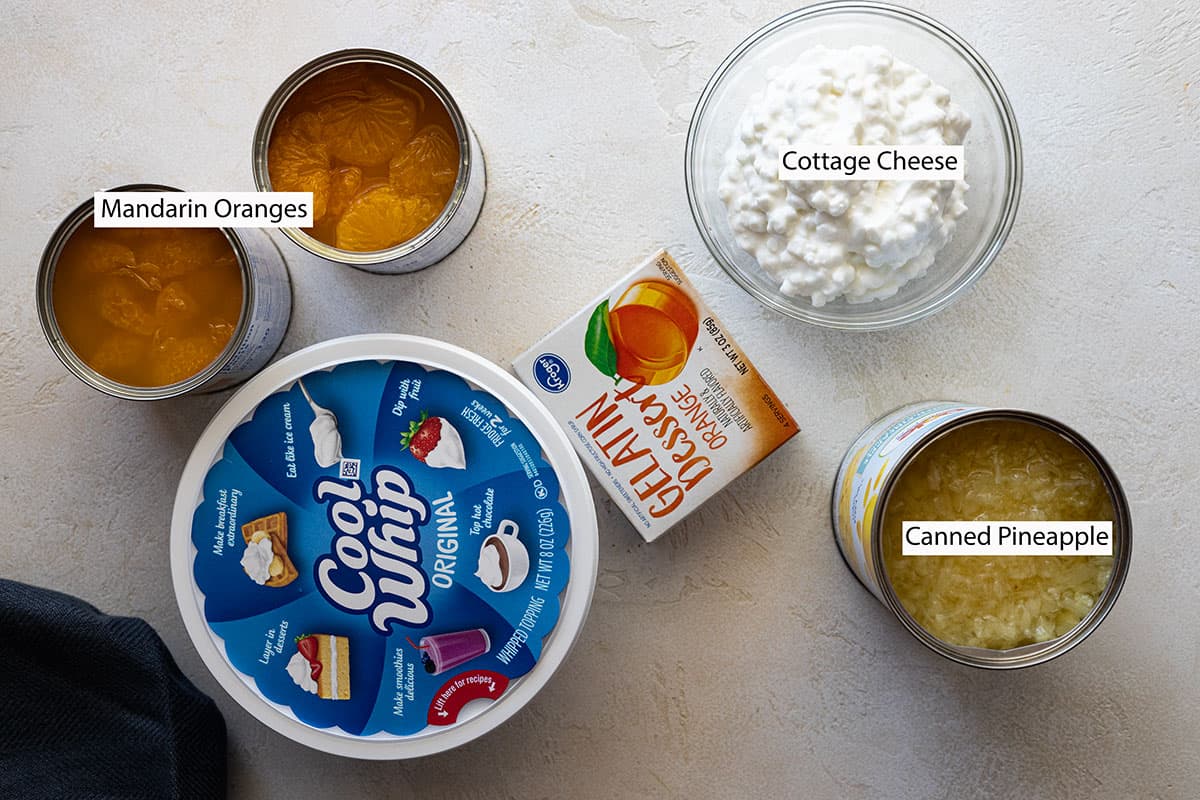 Ingredients: cool whip, mandarin oranges, cottage cheese, orange jello, pineapple.