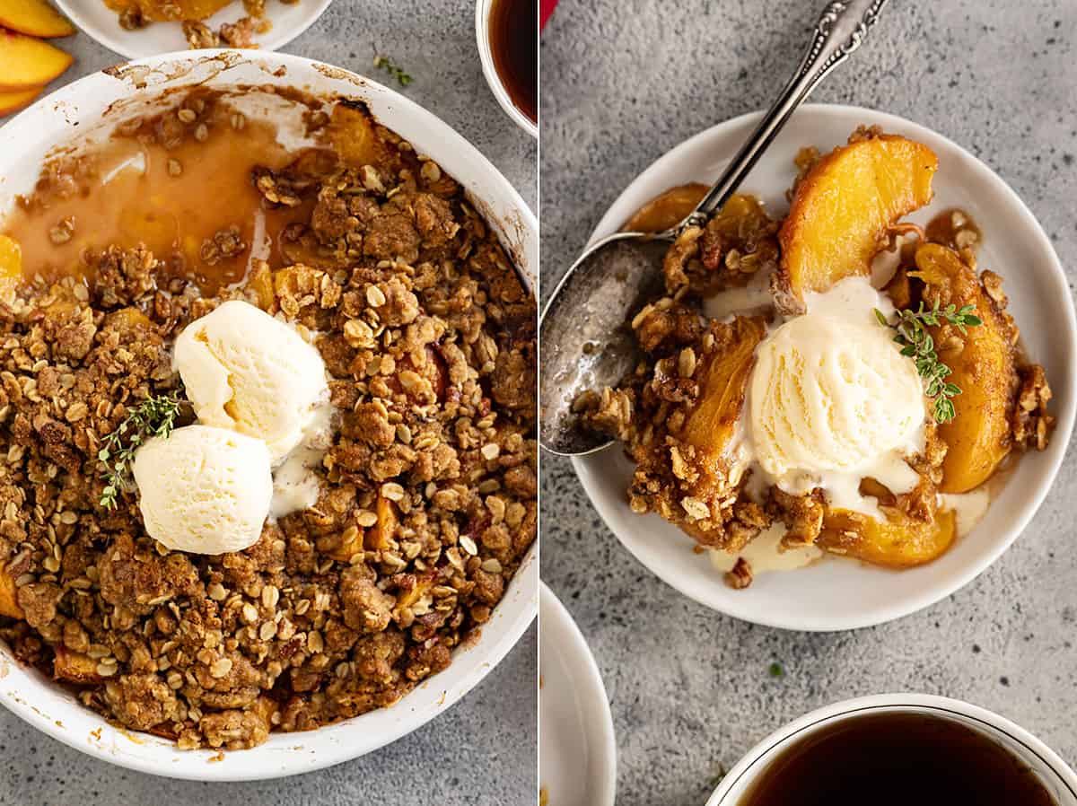 Two overhead pictures: one of the entire pan of crisp with ice cream on top and the second a generous helping on a plate with ice cream melting on top and a spoon off to the side. 