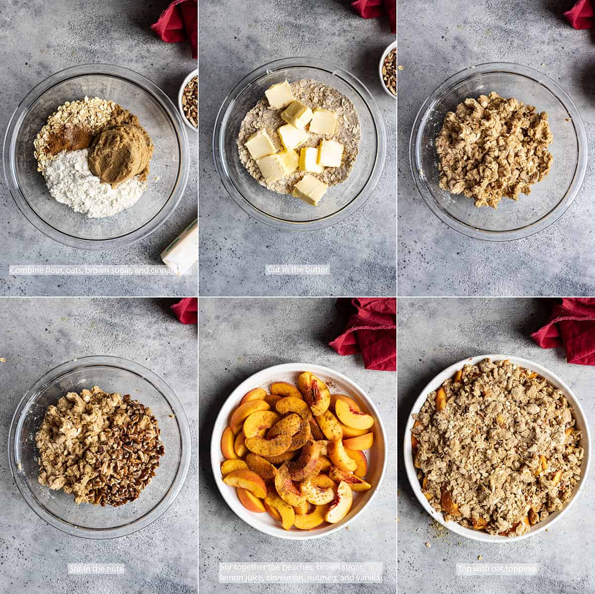 Six pictures showing how to make the crisp.
