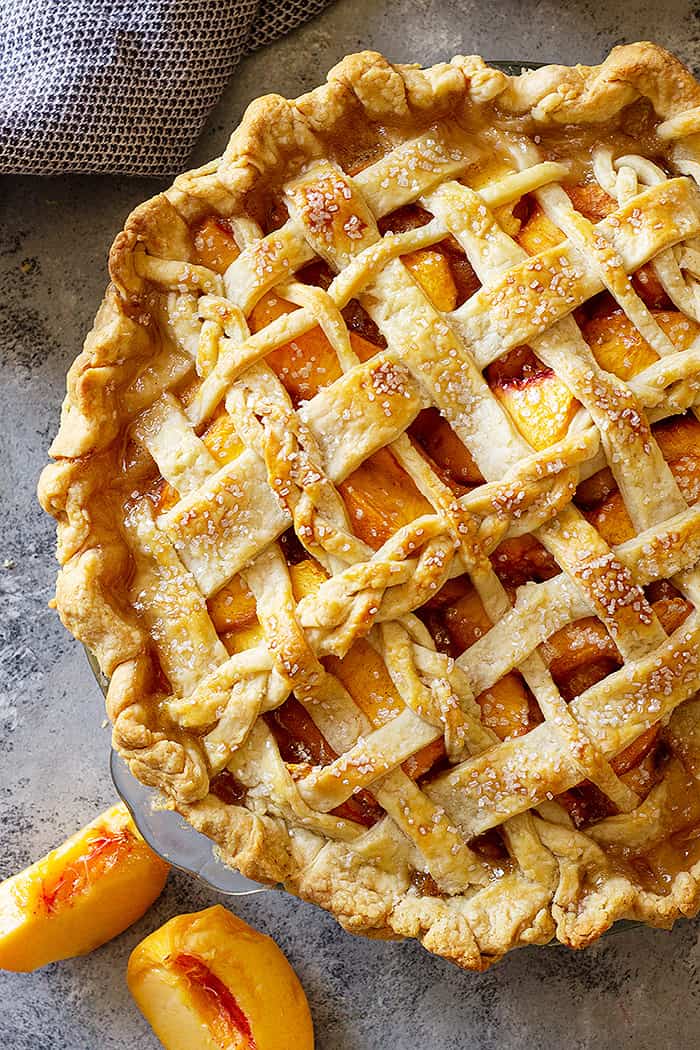 Close up of baked peach pie.