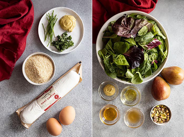 Overhead view of ingredients needed to make this pear salad.