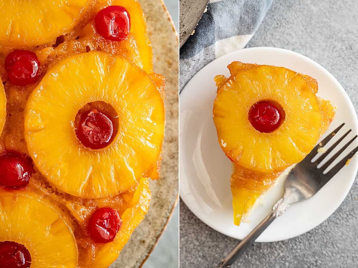 Two pictures: one a close up of the top and the other a slice on a plate.