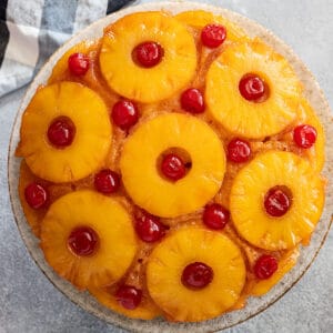 Overhead view of pineapple upside down cake.