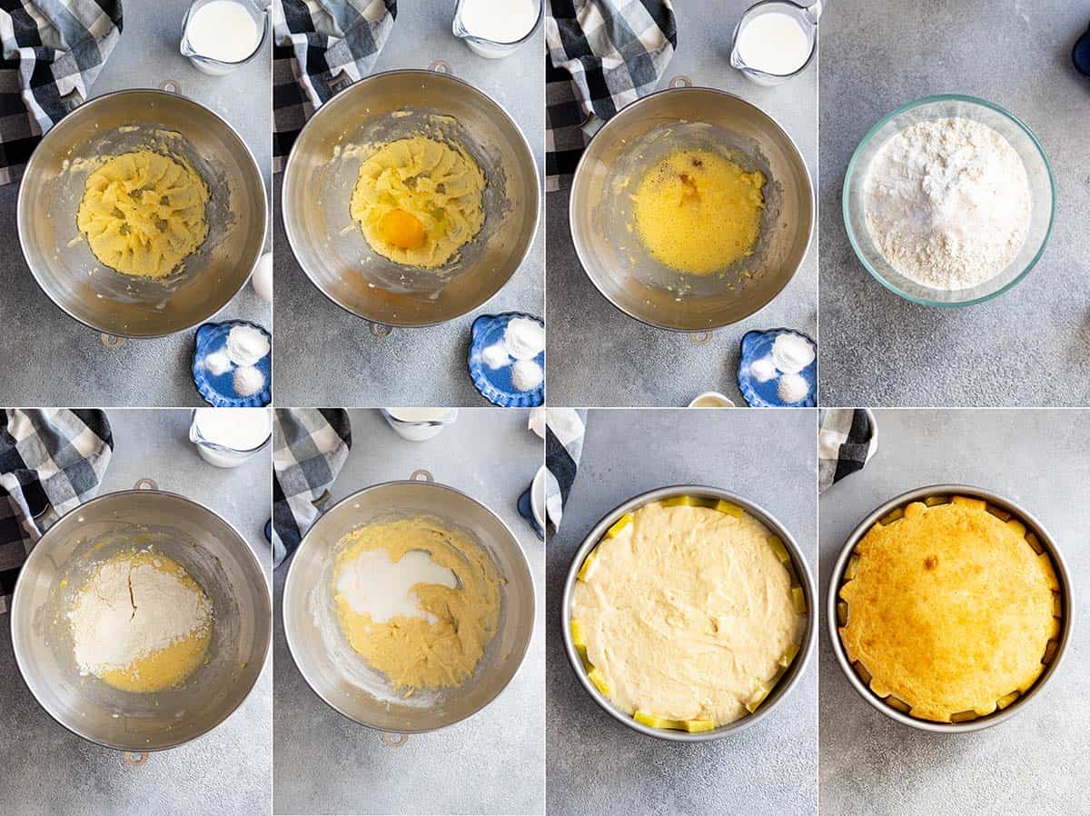 Eight pictures showing how to finish making the cake. 